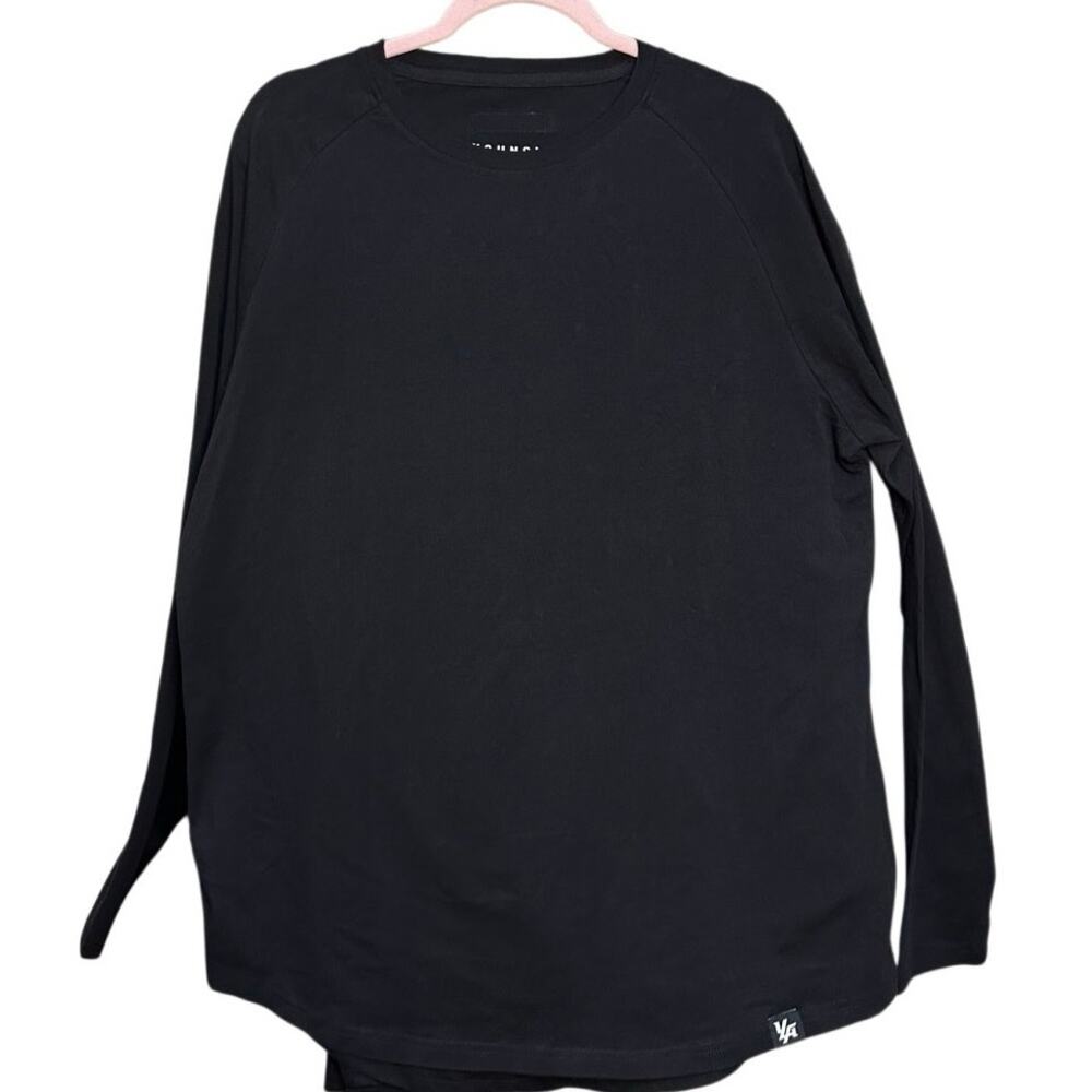 YoungLA Raglan Long Sleeve T-Shirt Mens Size XL‎ Black Crew Neck Long Curve Hem